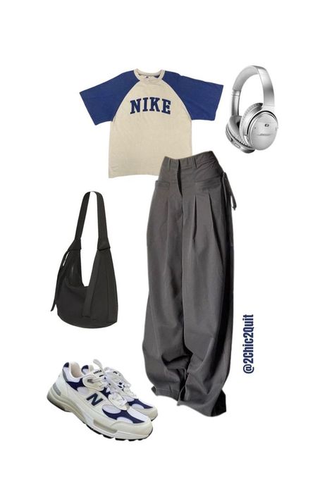 pants, parashute pants, black bag, nike baby tee, new balance 350's, y2k headphones, shoes, pants, headphones, y2k outfit, summer outfits, black bags, blue nike t shirt, sony headphones grey, acubi y2k, black grey blue outfit, simple outfits summer, korean fashion, nike, fashion inspo, outfit inspiration, silver headphones, blue new balance shoes, black bag minimalist, high waisted pants, grey baggy pants, baggy pants outfit, star girl outfit, original y2k 2000's headphones, vintage headphones, Y2k Headphones, Grey Parachute Pants, Baby Tee Outfit, Parachute Pants Outfit, Parachute Pant, Hijabi Fits, Minimalist Bag, Y2k Vibes, Grey Shoes