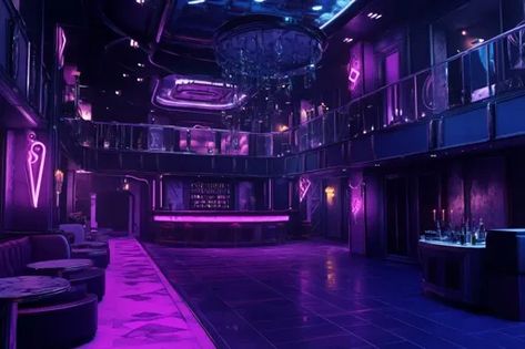 ↑↑↑ Larger size on website 🔸 The image shows a luxurious nightclub with purple neon lighting. The space is spacious with a bar in Club Scene Nightclub, Night Club Layout, Neon Nightclub Aesthetic, Club Lights Aesthetic, Club Interior Nightclub, Strip Club Interior, Cyberpunk Nightclub, Nightclub Background, Cyberpunk Club