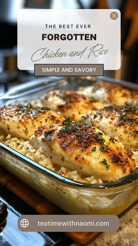 Craving a quick and hearty dinner? This Forgotten Chicken and Rice Bake is the perfect one-pan meal for busy nights! Tender chicken, fluffy rice, and rich creamy flavors make this dish a family favorite. Prep in minutes and let the oven do the rest. Oven Chicken And Rice, Forgotten Chicken, Oven Baked Chicken Tenders, Rice In The Oven, Rice Bake, Chicken And Rice Casserole, Creamy Chicken And Rice, Easy Chicken And Rice, Ideal Family