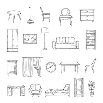 Free Vector | Bedroom furniture cartoon set for room interior Sketch Furniture, Table Sketch, Sofa And Table, Sofa Drawing, Interior Design Sketchbook, Plants Interior, Drawing Furniture, Furniture Sketch, Furniture Design Sketches