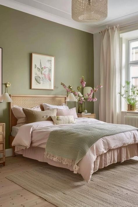 Chic Pink and Green Bedroom Ideas for Adults Color Inspiration Bedroom, Pink And Sage Bedroom Aesthetic, Pink White Gold Green Bedroom, Jade And Pink Bedroom, Mint Green Pink And Grey Bedroom, Pink Grey White Green Bedroom, Green And Pink Decor Bedroom, Sage And Pink Interior, Neutral And Colorful Bedroom