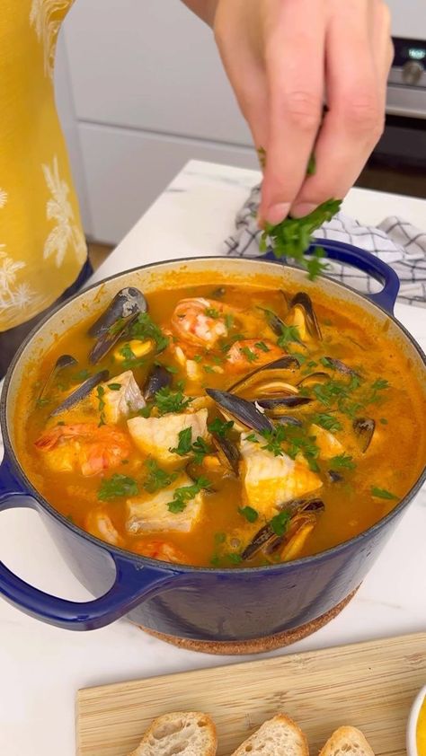 Géraldine Leverd on Reels | Sylvie Vartan · La Maritza Bouillabaisse Recipe, Seafood Chowder, Sylvie Vartan, Fish Soup, Recipe Simple, Summer Dishes, French Cooking, European Food, Sea Food