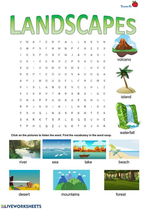 Ejercicio de Landscapes wordsearch Geographical Features Worksheet, Nature Worksheets For Kids, Wordsearch Worksheets, Culture Worksheet, Nature Worksheets, Landforms Activities, Nature Worksheet, Map Skills Worksheets, Geographical Features