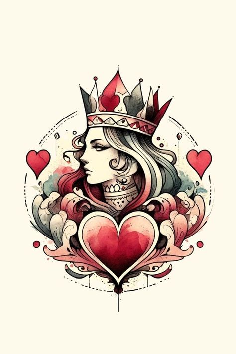 Queen Playing Card Design, Queen Of Hearts Design, Queen Graphic Design, Queen Of Hearts Wallpaper, Queen Tattoo For Women, Queen Of Hearts Art, Playing Card Tattoo, Queen Tattoos, Queen Of Love