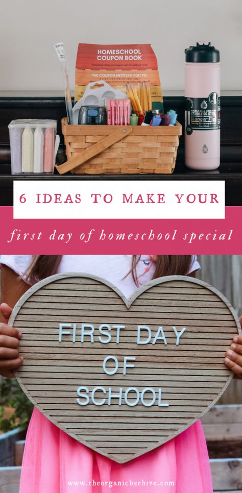 a pinnable graphic with a baskets of school supplies and a first day of homeschool photo First Day Homeschool Pictures, First Day Of Homeschool Traditions, 1st Day Of Homeschool, First Day Of Homeschool, Homeschool Gifts, Homeschool Fun, Homeschool Decor, Pajama Day, First Day School