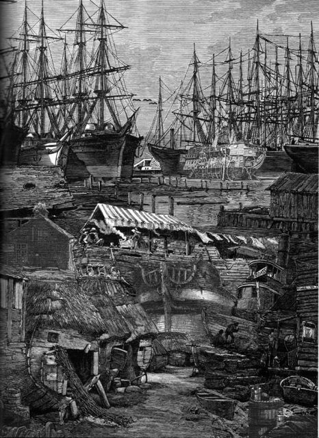 Collage depicting ships piled into Yerba Buena cove by Satty, from “Visions of Frisco” edited by Walter Medeiros, Regent Press 2007 During the height of the gold excitement, there were at least five hundred ships stranded in the harbor, some without even a watchman on board, and none with a crew sufficiently large to work her. Many of these vessels never sailed again. Some rotted away and sank at their moorings. (Herbert Asbury in “The Barbary Coast”) Barbary Coast, San Francisco Photos, The Gold Rush, Row Boats, Abandoned Ships, California History, Ghost Ship, Vintage California, Financial District