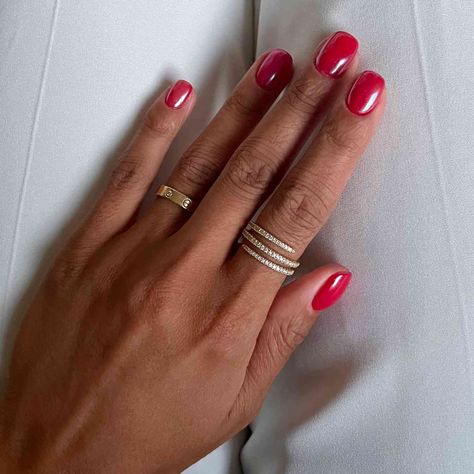 20 September Nail Ideas For a Short and Sweet Mani Red Chrome Nails Short, Short Red Chrome Nails, Short September Nails, Fall Gel Nail Ideas, Cherry Chrome Nails, Red With Chrome, September Nail Ideas, Gel Nail Ideas, Red Chrome Nails