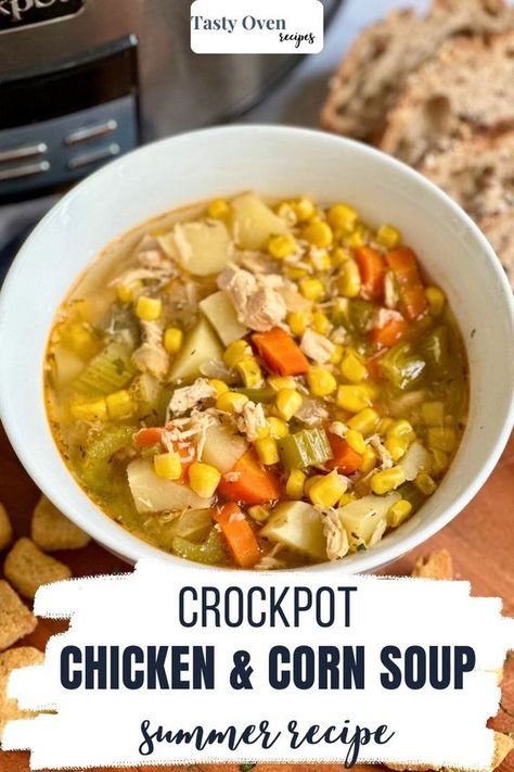 This tasty Crockpot Chicken and Corn Soup is a great recipe for anyone who wants a hands-off dinner with minimal preparation. It's a set it and forget it, dump and go recipe that requires very little effort but that creates a flavorful meal full of sweet corn and tender seasoned chicken. Corn Soup Crockpot, Chicken And Corn Soup, Chicken Soup Crockpot, Chicken And Sweetcorn Soup, Summer Crockpot, Chicken Corn Soup, Chicken And Corn, Corn Soup Recipes, Summer Crockpot Recipes