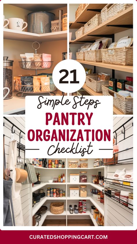 Follow these 21 simple steps for the best pantry organization! Our checklist will guide you through decluttering, cleaning, and organizing your pantry with practical tips and solutions. Ideal for those wanting to maximize their pantry space and improve kitchen efficiency. Kitchen storage, pantry checklist, declutter pantry, pantry storage solutions, organized pantry, pantry makeover, pantry cleaning, home organization, pantry organization checklist, pantry cleaning, pantry organization tips. Pantry Organization Sections, Pantry Organizing Containers, How To Organize The Pantry, Organizing Ideas For Pantry, Open Pantry Organization Ideas, Large Pantry Organization Ideas, Practical Pantry Organization, Organizing Deep Pantry Shelves, How To Organize A Pantry