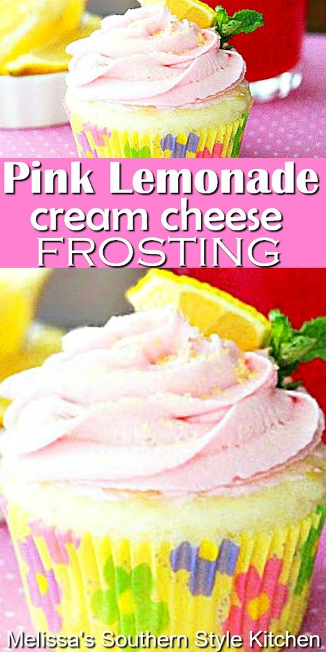 Pink Lemonade Cream Cheese Frosting for your next layer cake or batch of cupcakes #pinklemonade #pinklemonadefrosting #lemonade #creamcheeseicing #icingrecipes #lemonadefrosting #desserts #dessertfoodrecipes #southernrecipes #southernfood Lemonade Frosting, Lemonade Flavors, Pink Lemonade Frosting, Pink Lemonade Pie, Lemonade Cake Recipe, Yellow Cakes, Cupcake Board, Pink Lemonade Cake, Pink Lemonade Recipes