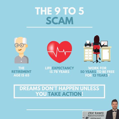 The idea of a 9-5 job is completely ridiculous! With commuting, sleeping, making and eating food, you hardly have time to do anything at all! What would it take for you to escape this trap? #millionairemindset #businessmind 9 5 Job, Bible Verse Background, Job Quotes, Eating Food, 9 To 5, Life Expectancy, Millionaire Mindset, Live Your Life, Take Action