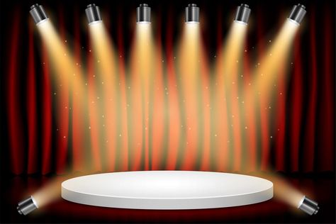 White Round Winner Podium on Red Curtain Theater Scene Stage Background. Stage with Studio Lights for Awards Ceremony. Spotlights illuminate. Vector illustration. Background. Backdrop Pictures, Background Stage, Theater Scene, Theatre Scene, Diy Photo Backdrop, Concert Pictures, Stage Background, Photo Background Images Hd, Studio Background Images