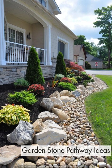 flower bed ideas front of ho use,front yard flower bed ideas,front yard landscaping ideas, Landscaping With River Rock And Boulders, Rock Garden Layout, Rock Backyard Ideas, Large Rocks In Landscaping, Natural Rock Landscaping, Rock Bed Landscaping, Rock Landscaping Ideas Front Yard, Pnw Landscaping, Rock Beds Around House