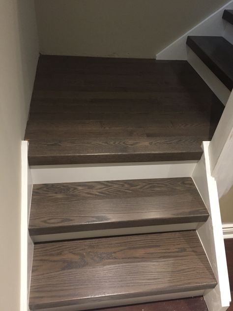 Grey stair treads : custom stained to match flooring Grey Stained Stairs, Dark Stair Treads Light Floors, Grey Painted Stair Treads, Gray Stair Treads, Dark Stain Stair Treads, Wood Stair Treads Basement, Staining Stairs, Finishing Stairs, Stained Staircase