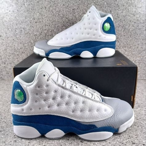 Jordan 13 French Blue, Blue Jordan 11, Gray Jordan Shoes With Air Max Cushioning, Casual Gray Jordan Shoes With Air Max Cushioning, Gray Jordan Shoes For Light Sports With Round Toe, Gray Round-toe Jordan Shoes For Light Sports, Sporty Gray Jordan Shoes With Air Cushioning, Gray Custom Sneakers With Air Cushioning, Gray Jordan Lace-up Shoes With Air Cushioning