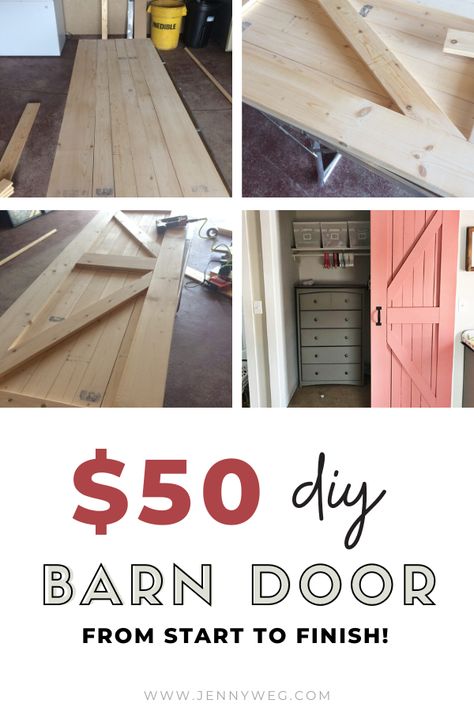 Diy Barn Door Cheap, Diy Barn Door Plans, Cheap Barn Doors, Barnyard Door, Making Barn Doors, Barn Door Closet, Building A Barn Door, Bifold Barn Doors, Door Plan