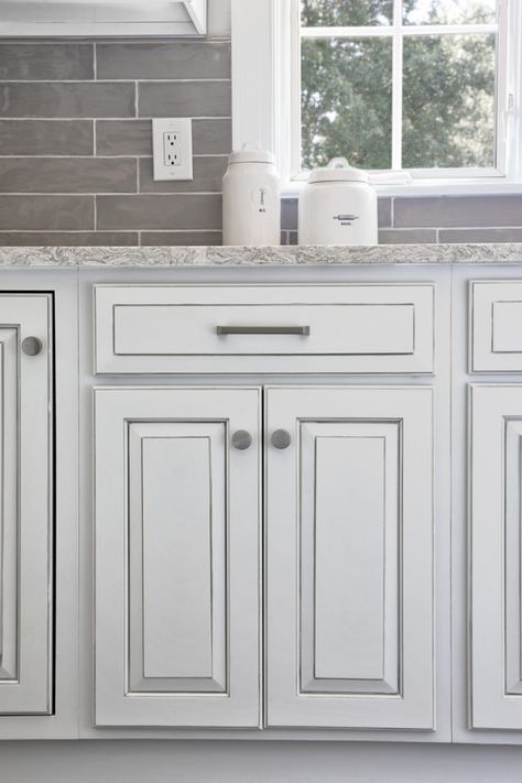 grey glazed cabinets, nickel hardware White Cabinets With Gray Glaze, Grey Glazed Kitchen Cabinets, Grey Glazed Cabinets, Glazed Cabinets Kitchen, Gray And White Kitchen Cabinets, White Glazed Cabinets, Whitewash Kitchen Cabinets, Popeyes Menu, Woods Project