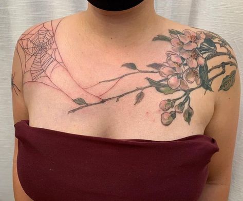 Flowers and cobweb tattoos Cobweb Tattoo, Illustrative Tattoo, Luck Tattoo, Full Tattoo, Red Spider, Healing Tattoo, Large Tattoos, Family Tattoos, Piercing Ideas