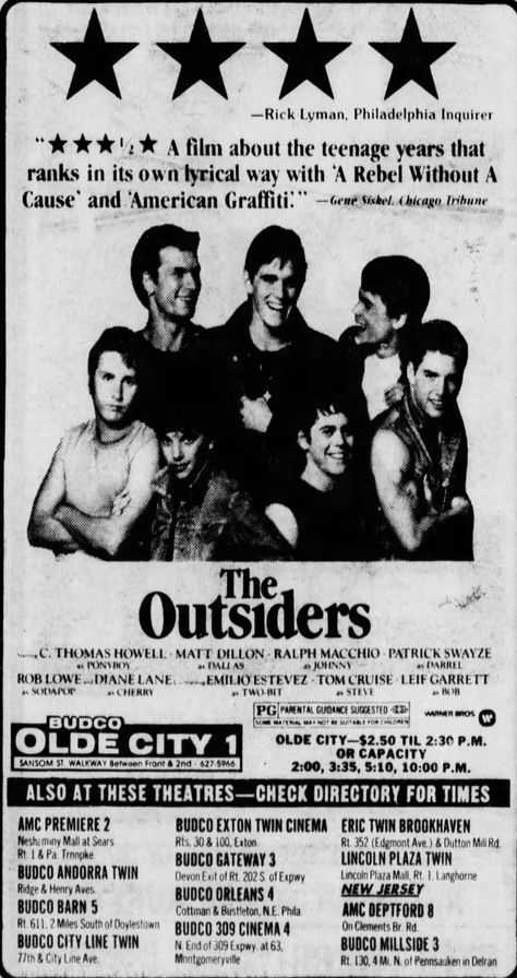 Ad for "The Outsiders," starring Matt Dillon, Ralph Macchio, Patrick Swayze, Rob Lowe, Diane Lane, Emilio Estevez, Tom Cruise, and Leif Garrett. From The Philadelphia Inquirer; Friday, April 29th, 1983, Weekend Section Page 15. Outsiders Movie, Leif Garrett, The Outsiders Greasers, The Outsiders 1983, Emilio Estevez, American Graffiti, Rob Lowe, Parental Guidance, Matt Dillon