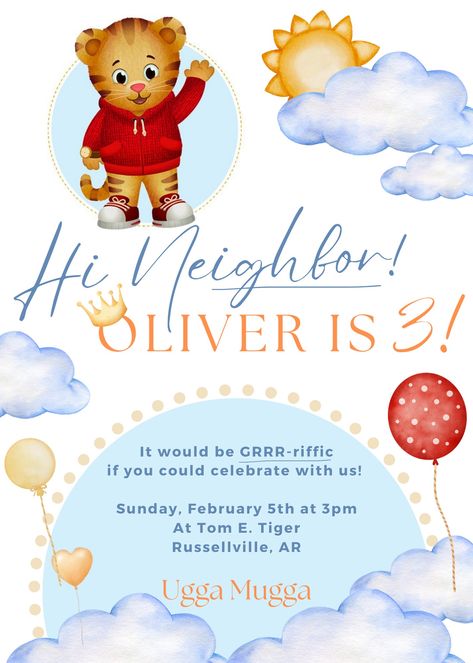 Daniel Tiger Invitations, Daniel Tigers Neighborhood Birthday Party, Daniel Tiger Party, Daniel Tiger Birthday Party, Tiger Birthday Party, Twin Birthday Parties, 3rd Birthday Party, Third Birthday Party, 1st Birthday Party Invitations