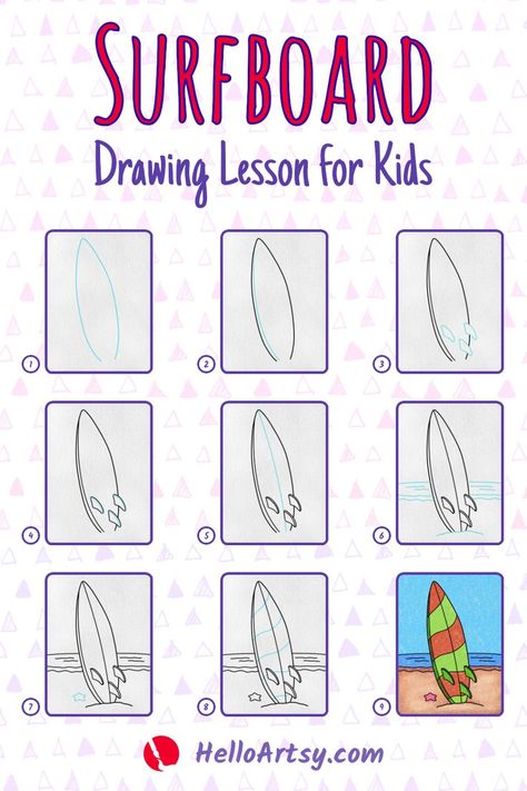 Step by step images demonstrating a how to draw a surfboard Nautical Drawing, Surfboard Drawing, Bullet Journal Work, Doodle Art For Beginners, Summer Drawings, School Kids Crafts, Beach Drawing, Boat Drawing, Drawing Lessons For Kids