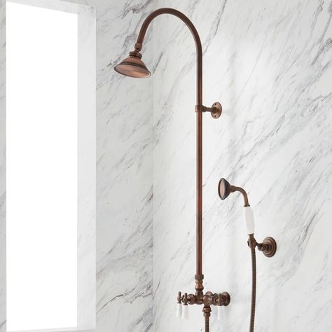 Signature Hardware Baywood Exposed Pipe Shower System with Rough-in Valve & Reviews | Wayfair Exposed Shower System, Shower System With Handheld, Brass Shower Head, Shower Style, Luxurious Showers, Faucet Design, Brass Shower, Farmhouse Front, Shower Oil