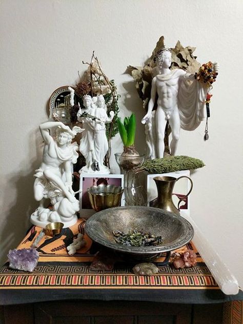 Hellenic Altar Greek Witch Aesthetic, Greek God Alters, Aries Altar, Hellenic Polytheism Altar, Hellenism Altar, Hellenic Altar, Sun Altar, Hermes Altar, Dionysus Altar