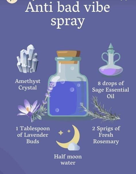 Anti Bad Vibe Spray, Essential Oils Witchcraft, Essential Oil Magic, Essential Oil Spray Recipes, Magick Oil, Witch Herbs, Cleansing Spray, Witch Bottles, Essential Oil Diffuser Blends Recipes