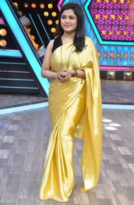 Satin Saree, Beautiful Women Over 40, Indian Beauty Saree, Yellow Dress, Saree, Satin, Yellow, Beauty, Quick Saves