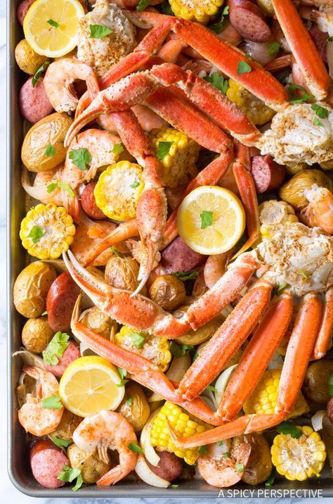 Amazing Sheet Pan Low Country Boil (Broil) Recipe - All the intrigue of a classic shrimp boil, roasted on a baking sheet for better texture! Seafood Boil Recipes Cajun, Crab Boil Recipe, Low Country Boil Recipe, Seafood Broil, Cajun Seafood Boil, Shrimp Boil Recipe, Sunny Anderson, Pan Shrimp, Country Boil