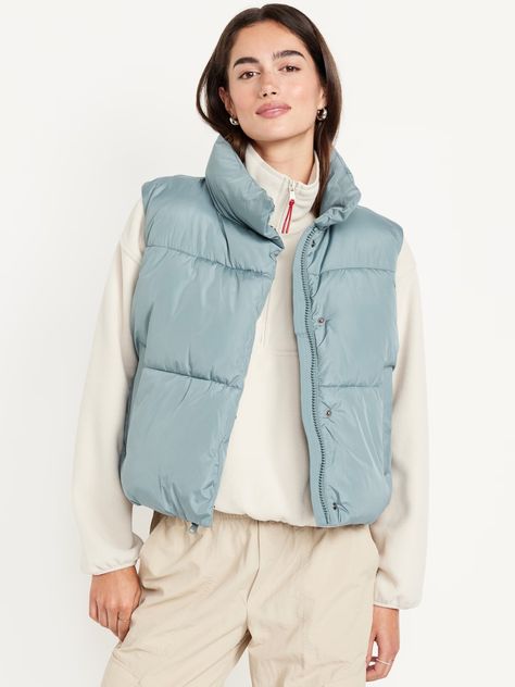 Quilted Puffer Vest | Old Navy Light Blue Puffer Vest Outfit, Quilted Vest Outfits For Women, Womens Winter Vest, Puffer Vest Women, Rich Girl Fashion, Blue Puffer Vest, Puffer Vest Outfit, Old Navy Vest, Puff Vest