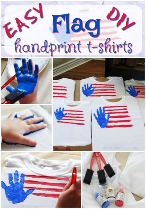 We have a really fun and easy DIY project for you in these Handprint Flag t-shirts, perfect for the 4th of July. As a family, one of our fun traditions is to wear matching t-shirts for holidays. The biggest “matching t-shirt” holiday for our family has been Independence Day.  #independenceday #4thofjuly #craftsforkids #crafts #craft Martha Argerich, Entertaining Hacks, Fourth Of July Crafts For Kids, 4th July Crafts, Fourth Of July Shirts, Patriotic Crafts, Tshirt Crafts, 4th Of July Decorations, July Crafts