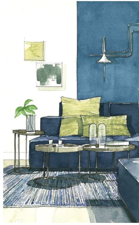 Watercolor Interior Sketch, Watercolor Furniture Illustration, Interior Design Watercolor Sketch, Interior Watercolor Painting, Interior Design Drawings Sketches, Interior Illustration Sketches, Furniture Watercolor, Interior Design Watercolor, Rendering Watercolor