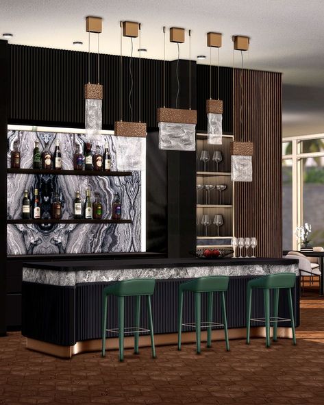 Luxury home bar for millionaire or billionaire sims. Includes luxury functional bar, barstool, pendant light, marble mural wallpaper and decorative wine bottle. Sims4 / ts4cc / sims4cc / thesims4cc / simscc / thesims4 / sims 4 Downloads / ts4 / ts4 clutter / ts4 furniture Sims 4 Kitchen Cabinets, Luxury Home Bar, Millionaire Homes, Light Marble, Sims 4 Kitchen, Mod Furniture, Luxury Bar, Sims 4 Cc Folder, Casas The Sims 4