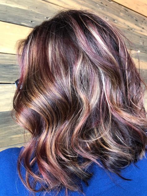 Tri-color. So pretty! Pink Hair Highlights, Burgundy Hair Color, Fall Highlights, Mushroom Brown, Fabulous Hair, Burgundy Hair, Hair Brown, Long Layered Hair, Dream Hair