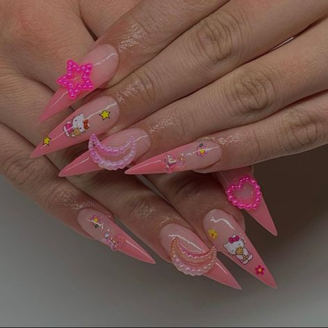 Hello Kitty Stiletto Nails, Hello Kitty Nails, Pink Acrylic, Pink Acrylics, Cute Nail Designs, Stiletto Nails, Nails On Fleek, Cute Nails, Nail Inspo