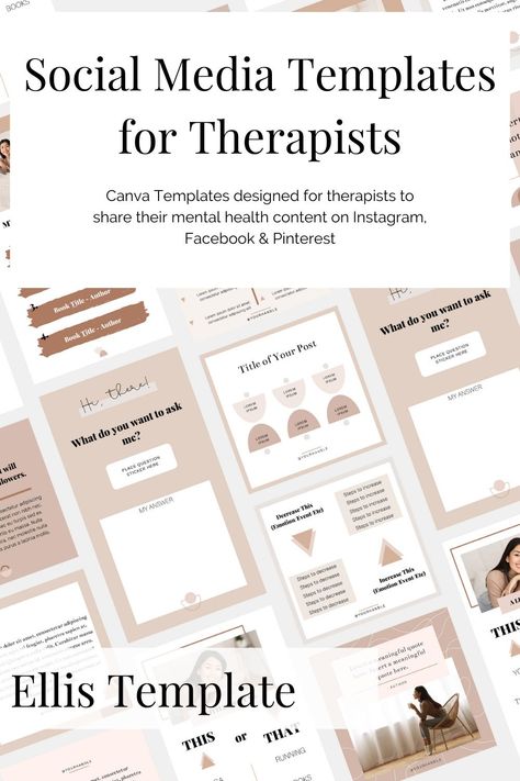 $49 Ellis Social Media Templates by Therapists Site Toolbox - Canva Templates for Modern Therapists, Counselors, Social Workers, and Psychologists. Templates for Instagram, Facebook, and Pinterest. Social media templates correspond to the matching website template. #websitefortherapists #websitedesign #therapist #psychologist #socialworker #counselor #websitetemplates#socialmediafortherapists #instagramfortherapists Social Media Psychology, Therapy Website Design, Therapist Marketing, Facebook Content, Squarespace Website Templates, Templates For Instagram, Social Workers, Website Template Design, Instagram Marketing Tips