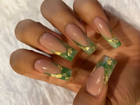 Jade French Tip Nails, Nails Images, Jade Nails, Gold Acrylic Nails, Green Acrylic Nails, Tapered Square Nails, French Tip Acrylic Nails, Vibrant Nails, Long Acrylic Nails Coffin