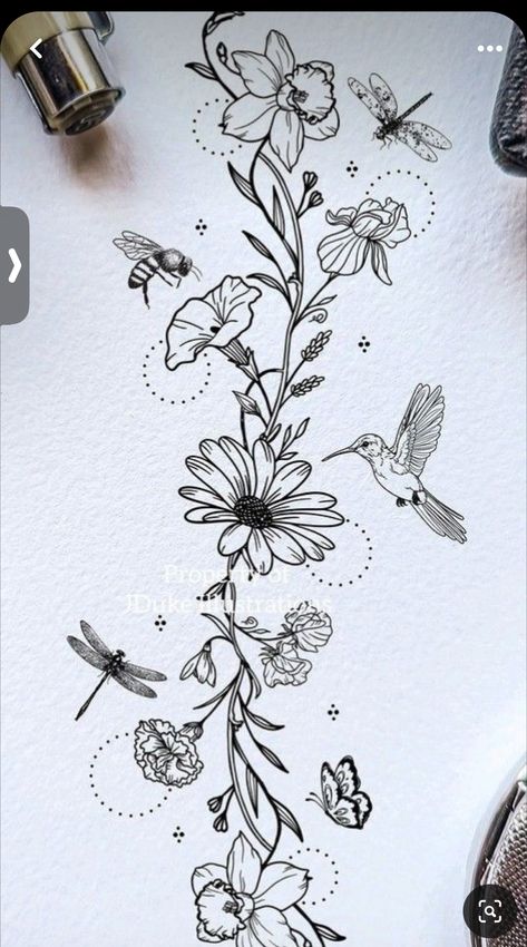 Wrap Around Vine And Flower Tattoos, Tattoo For Journey, Floral And Bird Sleeve Tattoo, Dark Feminine Tattoos Thigh, Dragonfly Sleeve Tattoo, Shoulder To Shoulder Tattoo, Moth Flower Tattoo, Dragonfly Tattoo With Flowers, Tattoos For Growth And Change