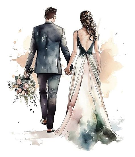 Wedding Cards Digital, Drawing Ideas Watercolor, Bride And Groom Illustration, Pretty Scrapbook, Wedding Illustration Card, Bride And Groom Cartoon, Ideas Watercolor, Wedding Artwork, Wedding Drawing