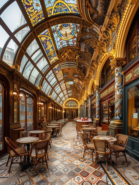 Parisian café interior with stained glass ceiling, carved columns, and ornate decor France Cafe Interior, French Hotel Aesthetic, French Cafe Interior, Parisian Cafe Interior, French Interior Design Parisian Style, Paris Restaurants Interior, Vintage Paris Aesthetic, Orangerie Paris, Best Cafes In Paris