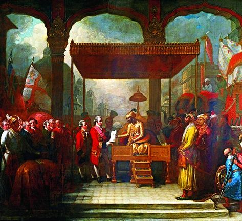 The Mughal emperor Shah Alam hands a scroll to Robert Clive, the governor of Bengal, which transferred tax collecting rights in Bengal, Bihar and Orissa to the East India Company.  Illustration: Benjamin West (1738–1820)/British Library भारतीय इतिहास, William Dalrymple, Raja Ravi Varma, Corporate Governance, Modern India, The Mahabharata, East India Company, History Of India, Ancient Maps