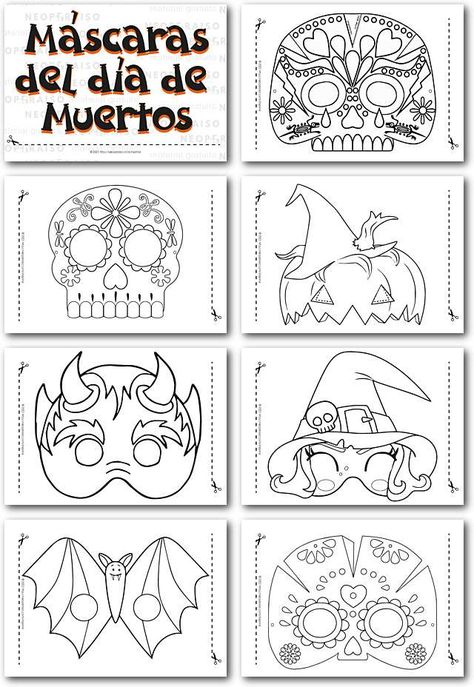 Máscaras del Día de Muertos hechas de Papel. Disfraz de Calavera, Máscara de Brujita. Máscaras para Colorear en PDF. Máscaras de Halloween para Imprimir hechas de Papel. Antifaces de Papel para Halloween. Actividad para Finados. Ideas para realizar una máscara. Cómo hacer una máscara de material reciclado. Antifaces de papel para disfraces. Mascara Halloween, Mascaras Halloween, French Language Lessons, Paper Mask, Summer Rose, Post Mortem, Dia De Muertos, Toddler Activities, Halloween Crafts