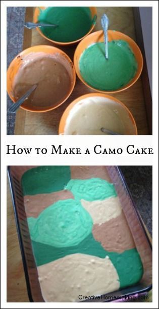 Easy do-it-yourself instructions for making a camo birthday cake. Camo Birthday Cakes, Camo Cakes, Army Birthday Cakes, Cake Marble, Camo Cake, Hunting Birthday Party, Camo Birthday Party, Army Cake, Army Birthday Parties