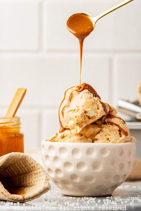 Salted Caramel Ice Cream (No Churn) – Laylita's Recipes Etsy Pod, Latin Desserts, Ice Cream No Churn, Ecuadorian Food, Homemade Salted Caramel, Plantain Recipes, Salted Caramel Ice Cream, Latin American Food, Honey Caramel