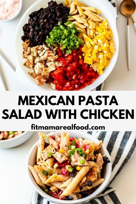 Aug 20, 2021 - This mexican pasta salad is perfect to serve cold, at room temp or even heated up. It is protein packed thanks to the chicken and beans! Pasta Salad Mexican, Mexican Pasta Salad Recipes, Cold Chicken Pasta Salad, Pasta Salad With Chicken, Chicken And Beans, Salad Mexican, Mexican Pasta Salad, Mexican Pasta, Salad With Chicken