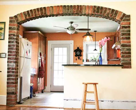 Brick Gives Mediterranean Flair to Arched Kitchen | The Rock Pirate Open Kitchen Arch Design, Arch In Kitchen, Kitchen Arch Design Modern, Kitchen Arch Design, Arched Kitchen, Kitchen Arch, Archways In Homes, Kitchen Opening, Kitchen Unit Designs