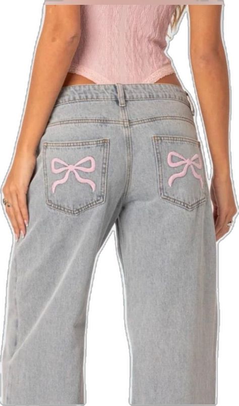 Jeans With Bows, Wide Cuff Jeans, Bow Jeans, Cloth Ideas, Bow Embroidery, Pleather Pants, Red Flare, Dungaree Jeans, Light Jeans