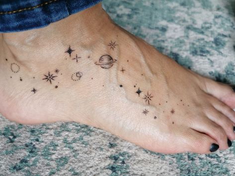 Space Ankle Tattoo, Milky Way Tattoos, Galaxy Hand Tattoo, Galaxy Shoulder Tattoo, Milkyway Tattoos, Ankle And Foot Tattoos, Simple Foot Tattoo, Milky Way Tattoo, Character Tattoo Ideas