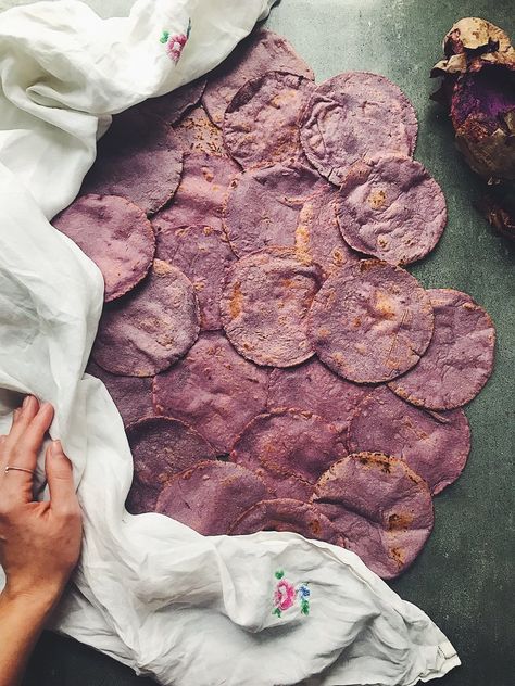 Roasted Sweet Potato Tortillas — Life, Limon Y Sal Japanese Purple Sweet Potato Recipe, Sweet Potato Tortillas, Japanese Purple Sweet Potato, Potato Tortilla, Sweet Potato Wrap, Tortilla Recipes, Corn Tortilla Recipes, Blue Zones Recipes, Vegan Tortilla